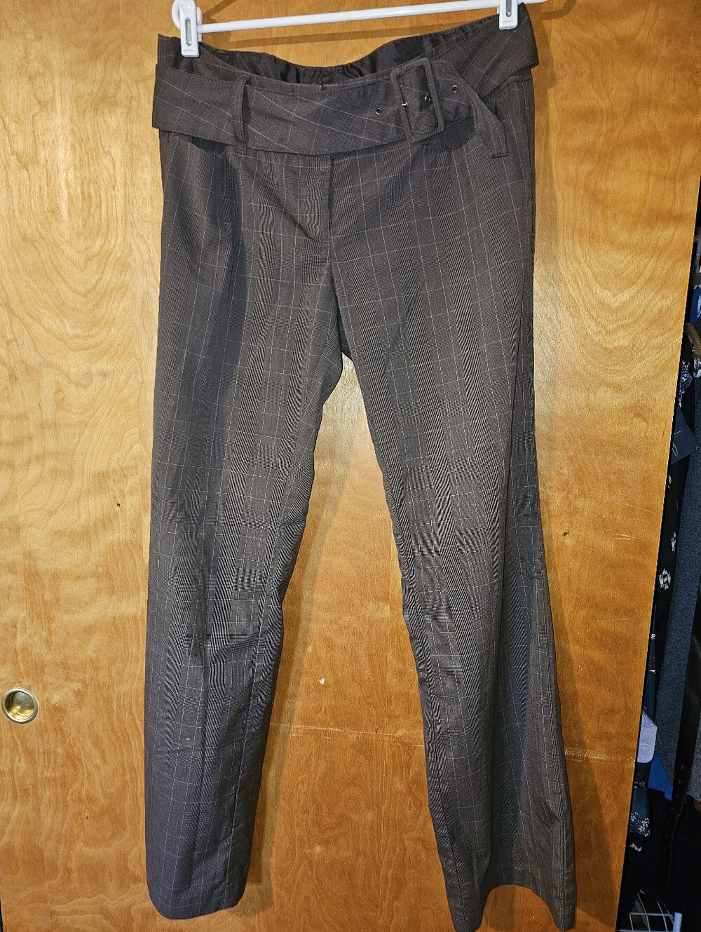 Guess Women's Brown Plaid Trousers with Belted Waist